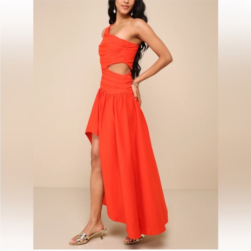 Lulus Sunny Persuasion Red Linen Cutout One Shoulder Midi Dress XL